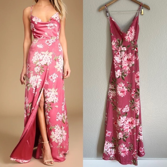 Love of Romance Pink Floral Print Satin Cowl Neck Maxi Dress - Picture 3 of 10